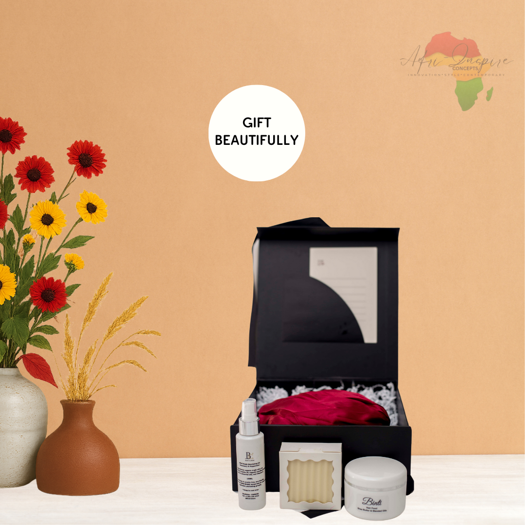 Crown Care Essentials Gift Box – Hair Soap, Spray, Cream & Satin-Lined Bonnet for Nourished, Protected Hair