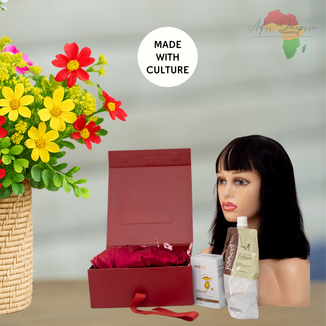 Luxury Hair Glam Gift Box – Fringe Human Hair, Navensi, Collagen Conditioner & Satin Bonnet Set