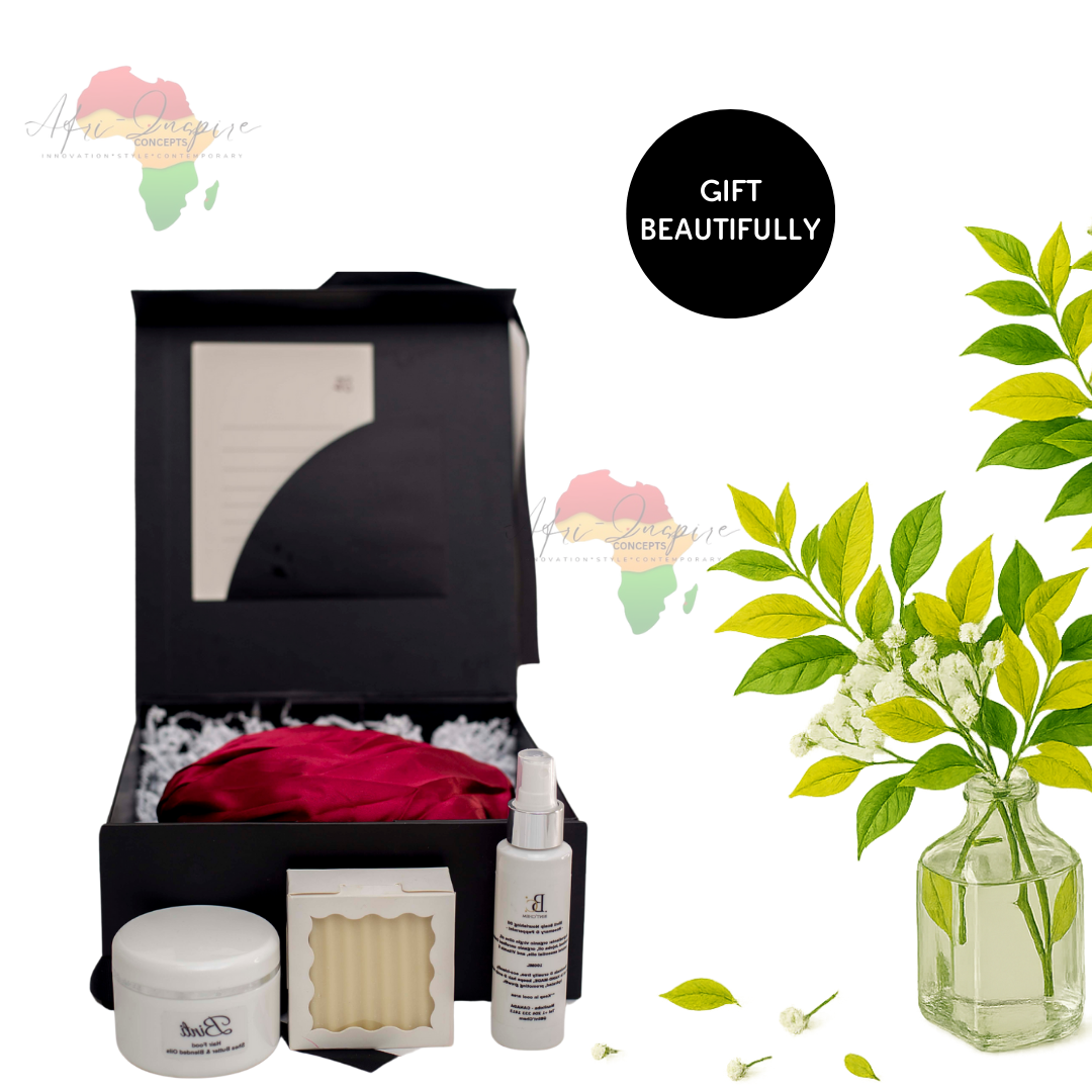 Crown Care Essentials Gift Box – Hair Soap, Spray, Cream & Satin-Lined Bonnet for Nourished, Protected Hair