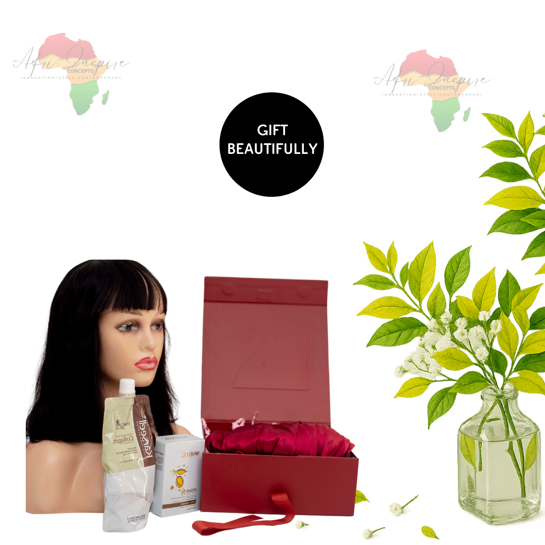 Luxury Hair Glam Gift Box – Fringe Human Hair, Navensi, Collagen Conditioner & Satin Bonnet Set
