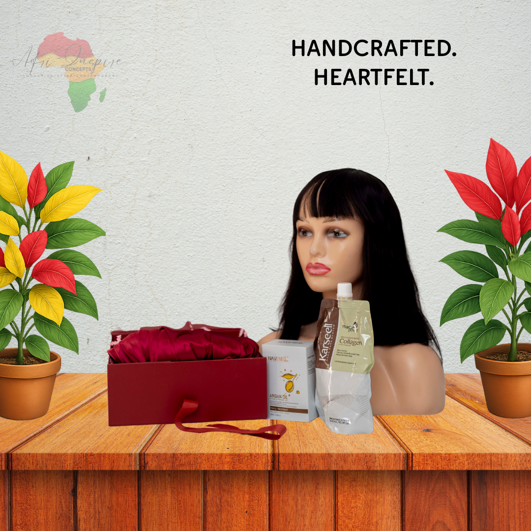 Luxury Hair Glam Gift Box – Fringe Human Hair, Navensi, Collagen Conditioner & Satin Bonnet Set