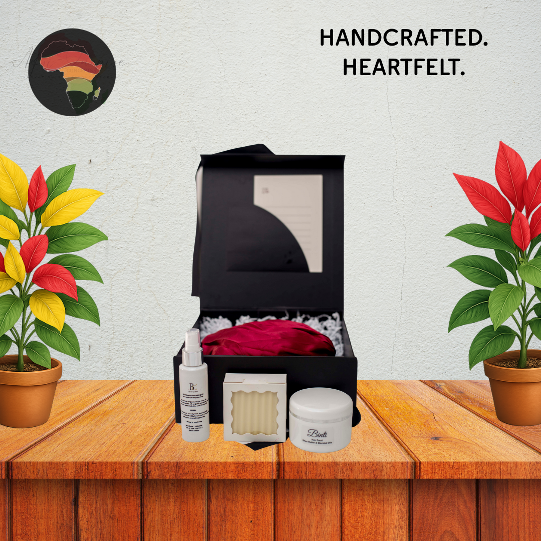 Crown Care Essentials Gift Box – Hair Soap, Spray, Cream & Satin-Lined Bonnet for Nourished, Protected Hair