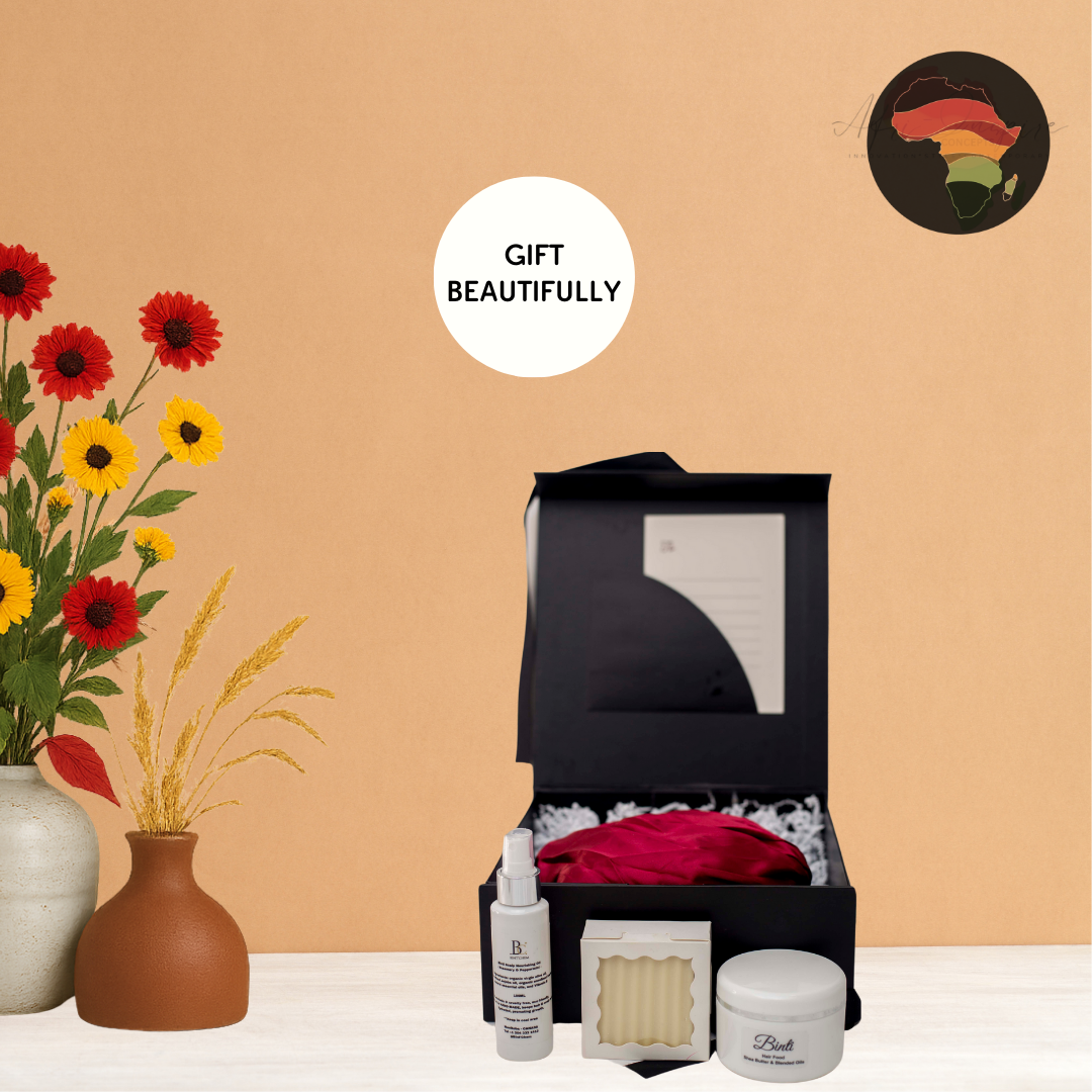 Crown Care Essentials Gift Box – Hair Soap, Spray, Cream & Satin-Lined Bonnet for Nourished, Protected Hair