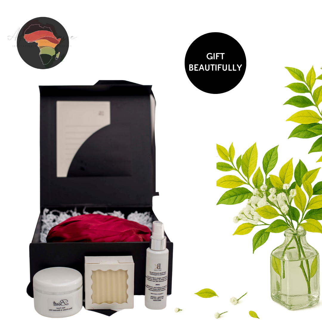 Crown Care Essentials Gift Box – Hair Soap, Spray, Cream & Satin-Lined Bonnet for Nourished, Protected Hair