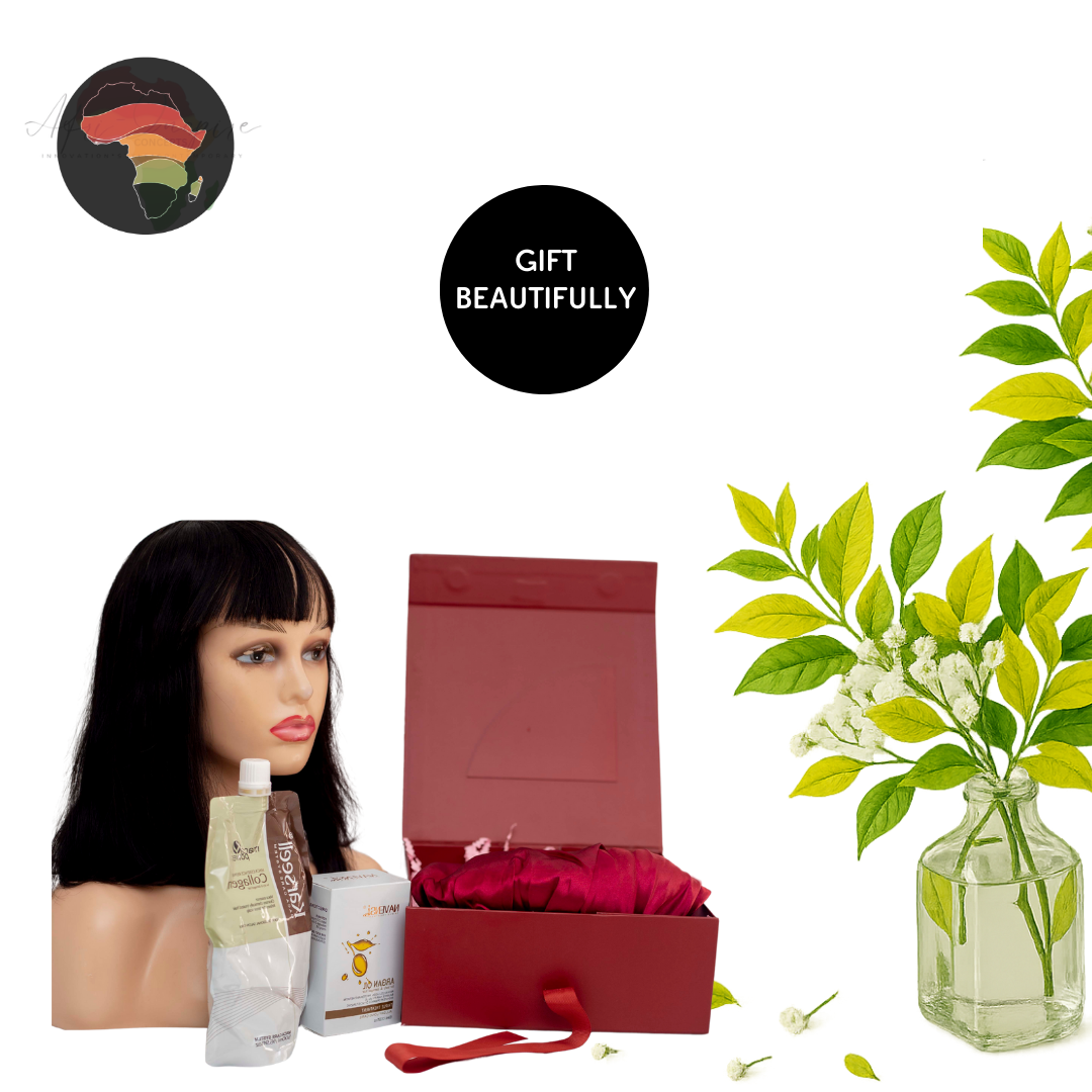 Luxury Hair Glam Gift Box – Fringe Human Hair, Navensi, Collagen Conditioner & Satin Bonnet Set