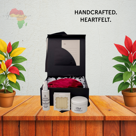 Crown Care Essentials Gift Box – Hair Soap, Spray, Cream & Satin-Lined Bonnet for Nourished, Protected Hair