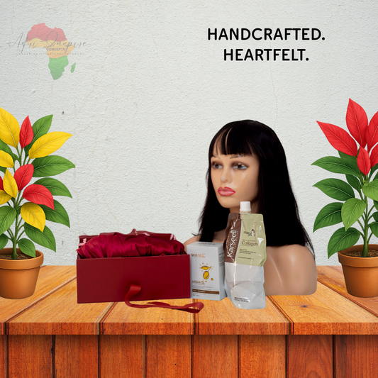Luxury Hair Glam Gift Box – Fringe Human Hair, Navensi, Collagen Conditioner & Satin Bonnet Set