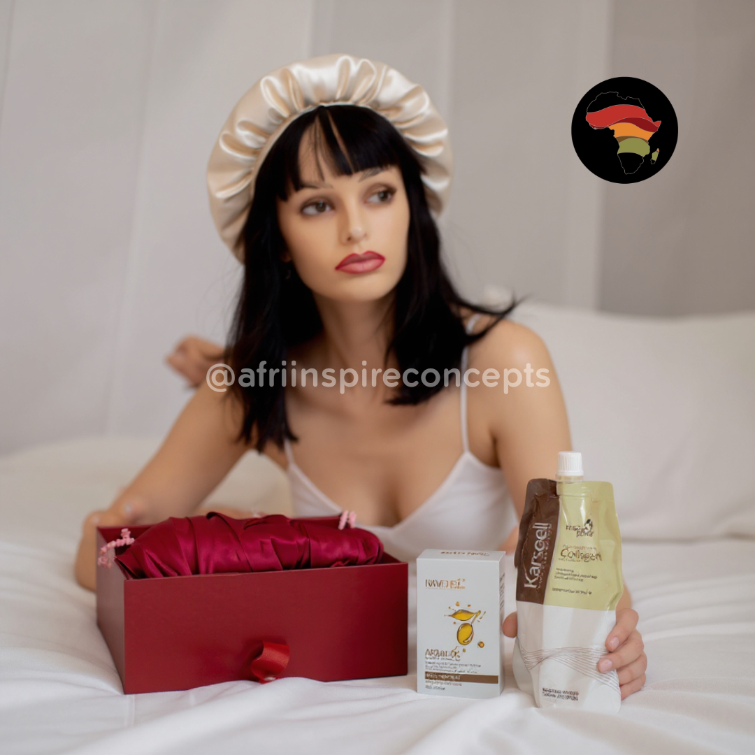 Luxury Hair Glam Gift Box – Fringe Human Hair, Navensi, Collagen Conditioner & Satin Bonnet Set