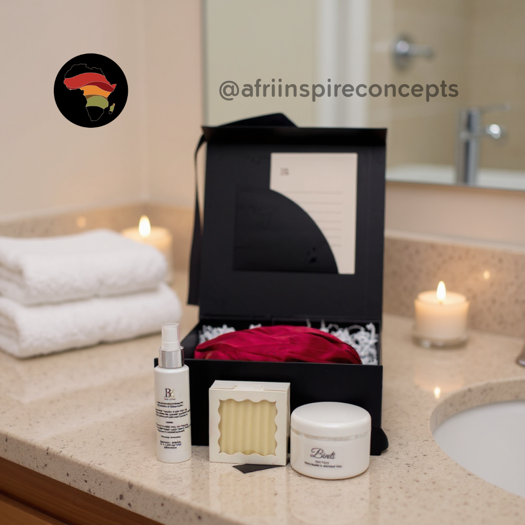 Crown Care Essentials Gift Box – Hair Soap, Spray, Cream & Satin-Lined Bonnet for Nourished, Protected Hair