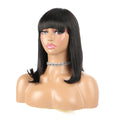 Perruque lisse avec frange | 100 % cheveux brésiliens | Noir naturel | Perruque sans colle, entièrement fabriquée à la machine | Résistante à la chaleur | Douce et soyeuse | Coupe au carré mi-longue
