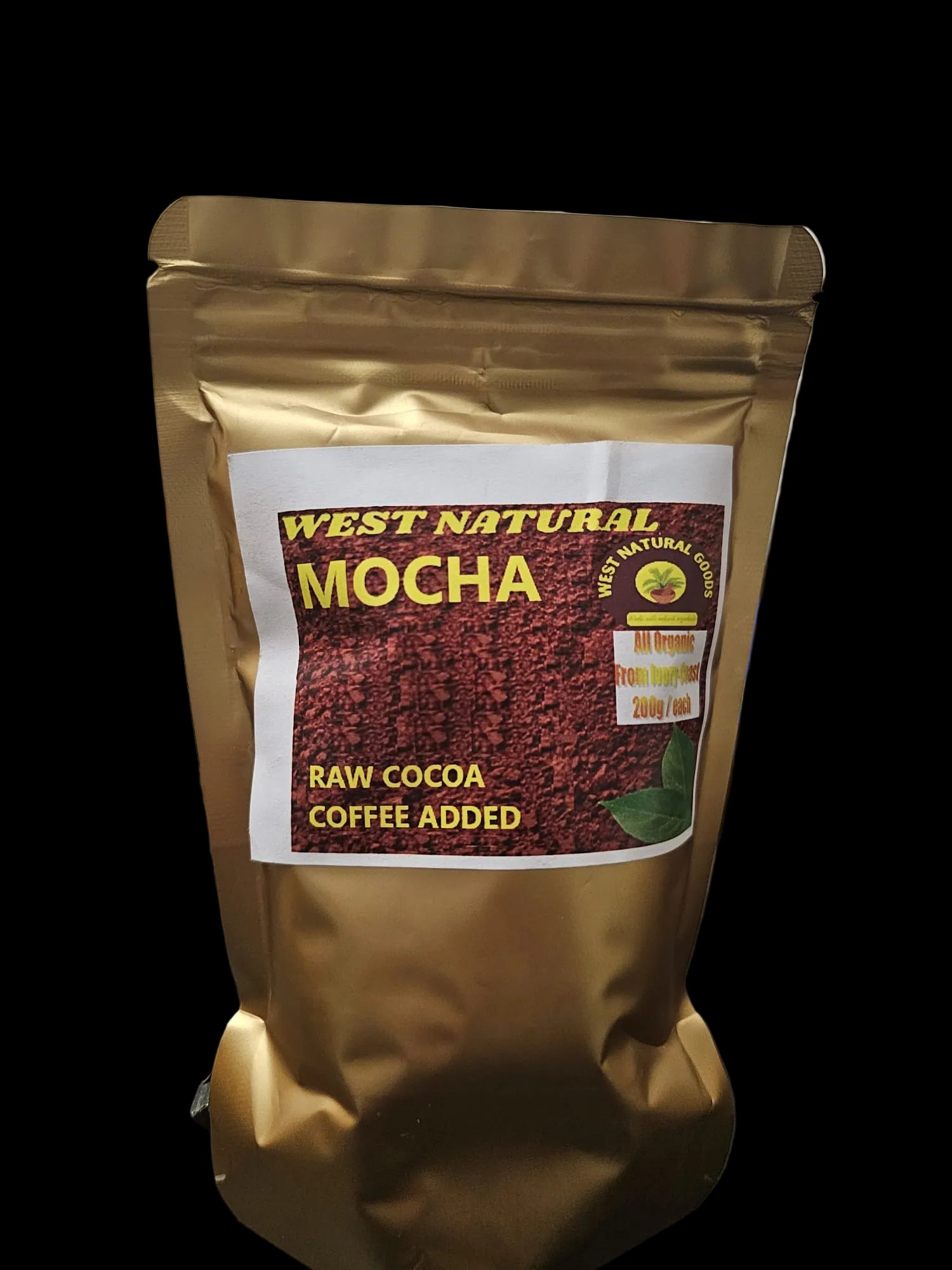 Gold package of West Natural Mocha coffee with a label on a blurred background