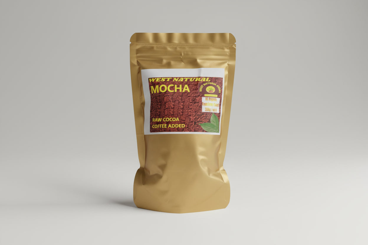 Gold package of West Natural Mocha with a label on a dark background